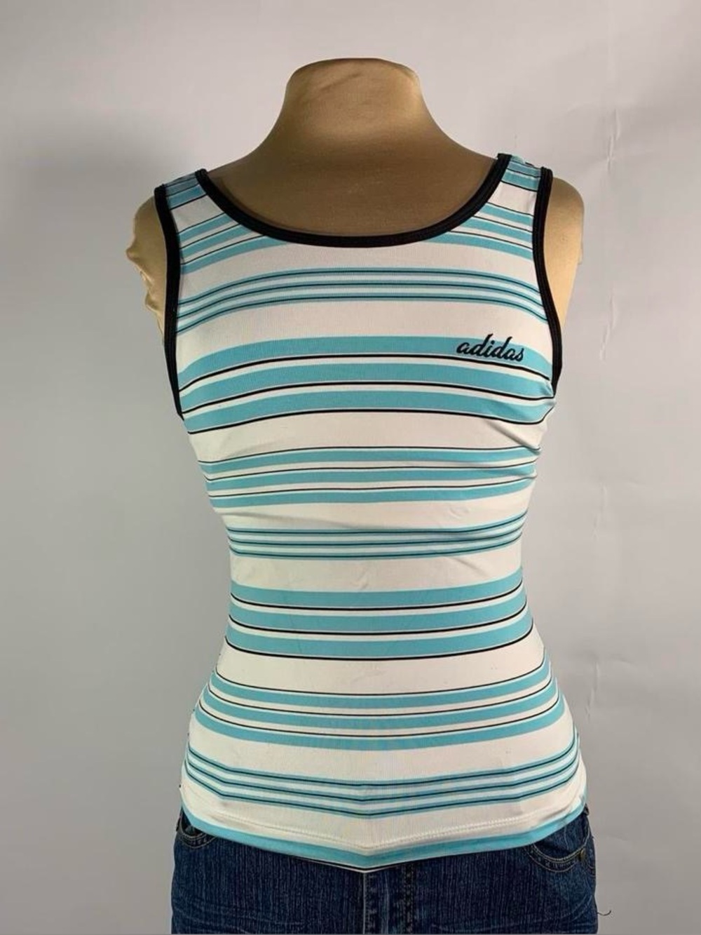 Adidas Vintage Striped Ribbed Tank Top White Blue Y2K